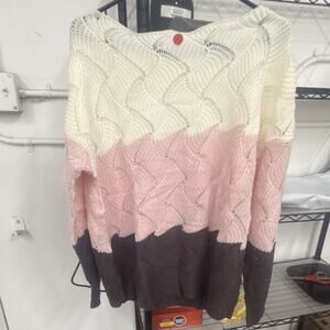 Women’s Colorblock Knit Sweater Long Sleeve Boat Neck Ivory/Pink/Brown Size XL